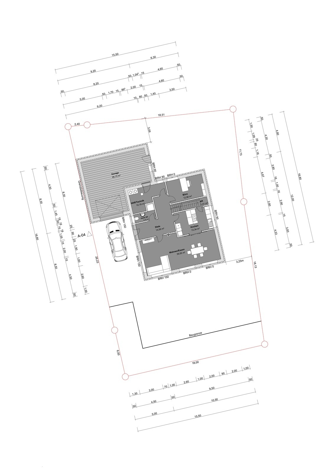 Architekturplan: Grundriss eines Hauses mit Garage, Innenräumen und Gartenumrandung.