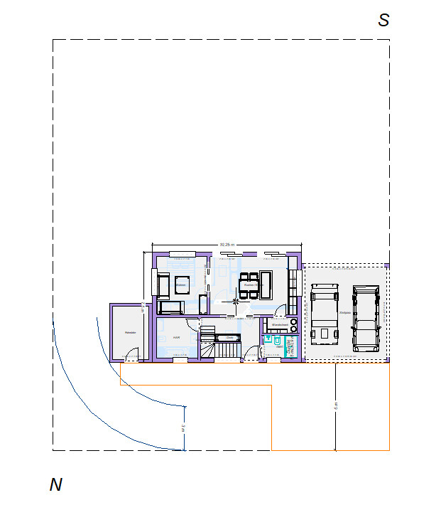 Grundriss eines Hauses mit Wohnzimmer, Küche, Bad; Garage für zwei Autos und Grundstücksgrenze.