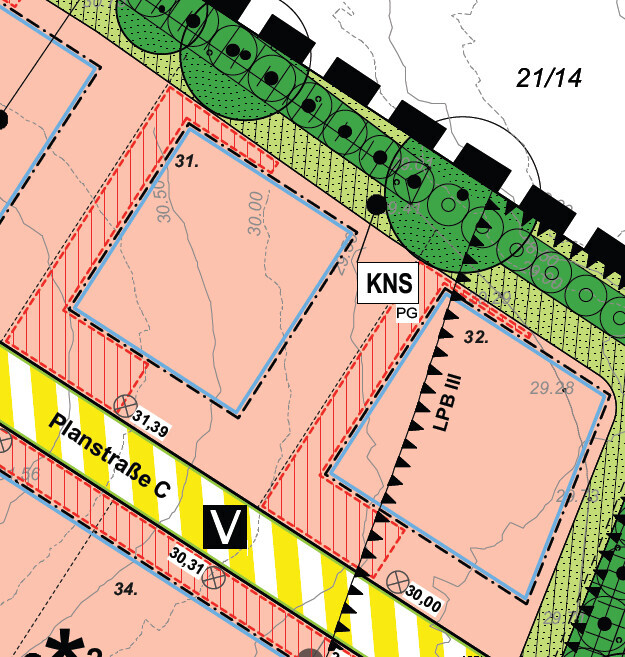 Lageplan eines Baugrundstücks mit Straßenzug, Bäumen und Gebäudeflächen