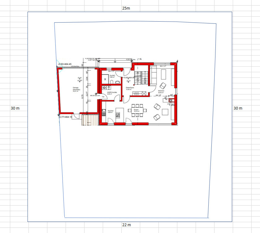 Grundriss eines Hauses mit roten Innenwänden, Küche, Essbereich und Wohnzimmer.