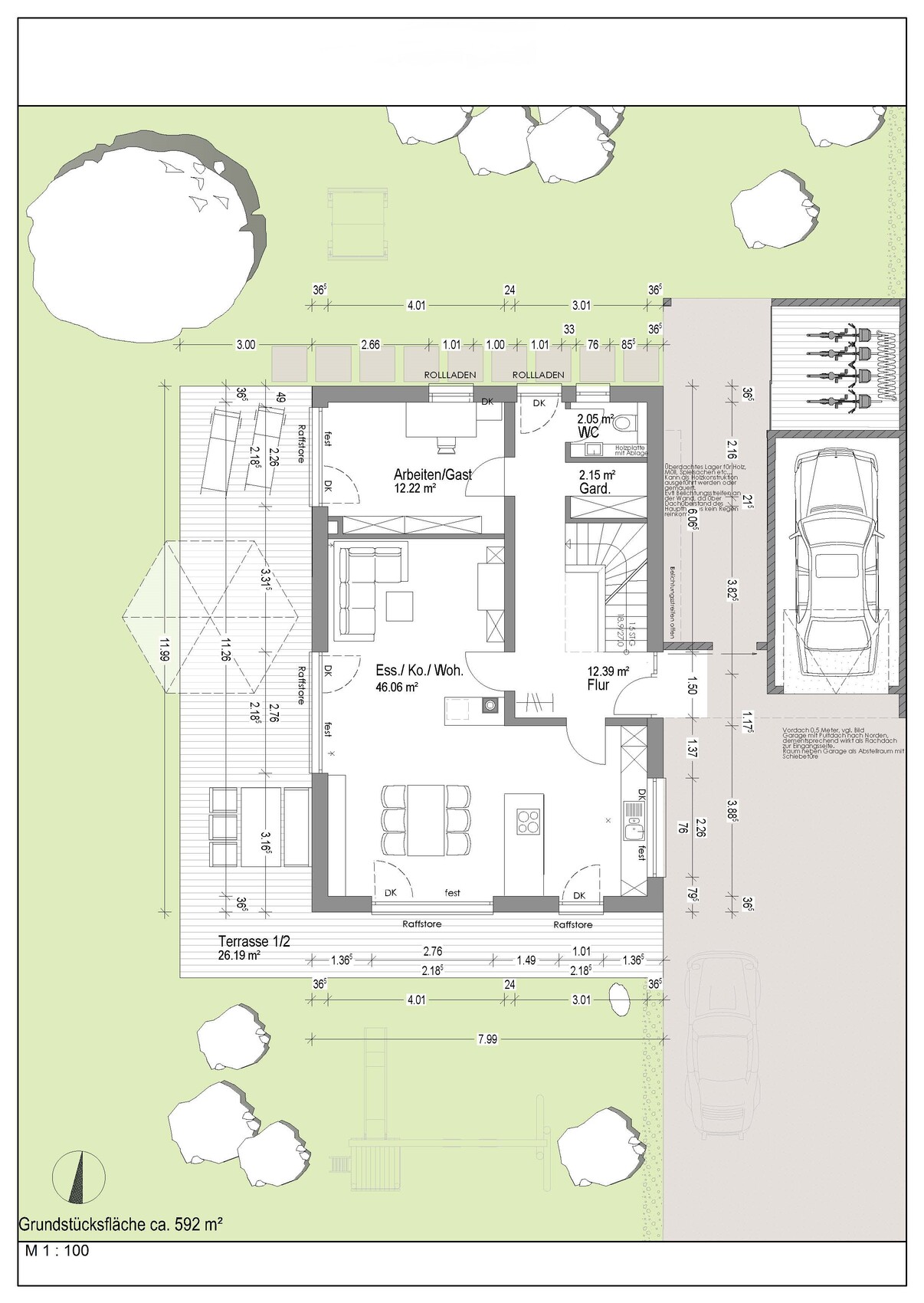 2D-Grundriss eines Hauses mit Terrasse, Garten und Garage