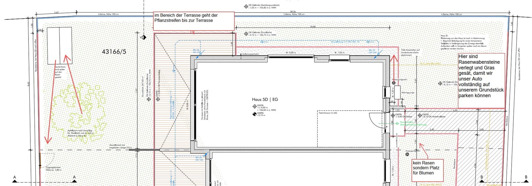 Grundriss- und Lageplan eines Hauses mit Terrasse, Garten und Zufahrt