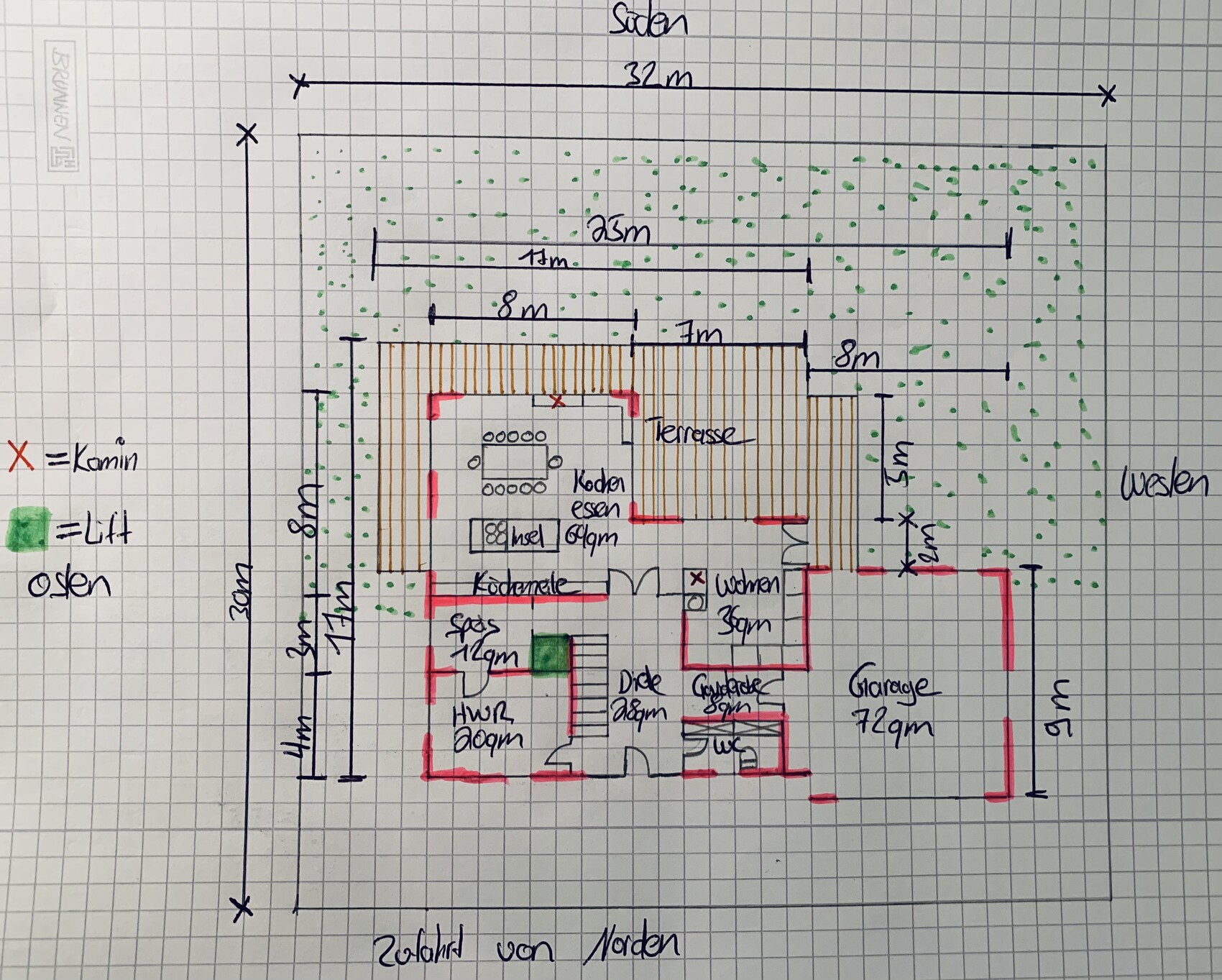 Handgezeichneter Grundrissplan eines Hauses mit Terrasse, Garten und Garage