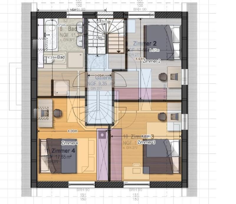 Dachgeschoss-Grundriss: Zentraler Treppenaufgang, Bad links, Zimmer 2–4 um den Flur.
