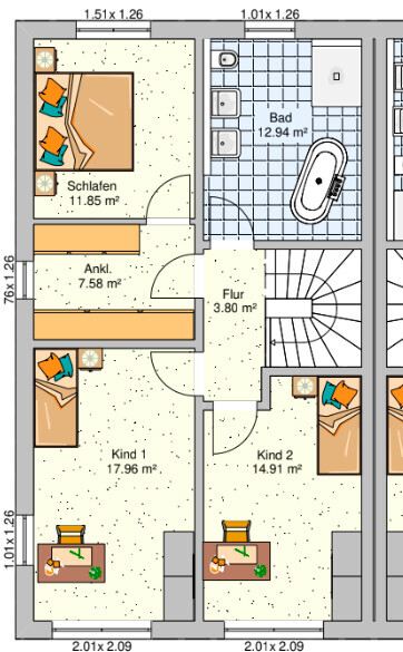 Grundriss eines Hauses: Schlafen, Ankleide, Kind 1, Kind 2, Bad, Flur.