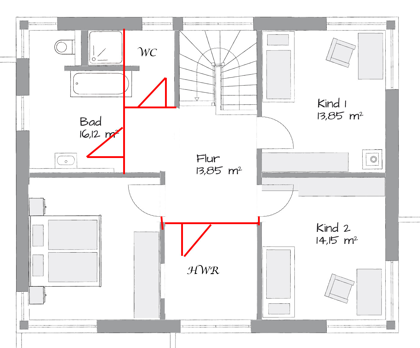Grundriss eines Hauses: Flur, Bad, WC, HWR und zwei Kinderzimmer (Kind 1, Kind 2).