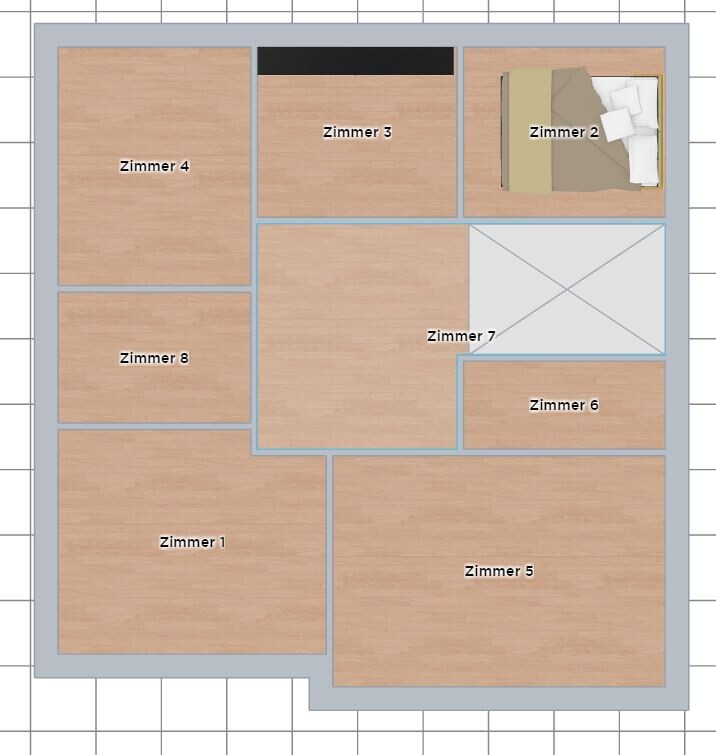 Grundriss eines Gebäudes mit acht Zimmern (1–8); Zimmer 2 enthält Bett, andere Räume leer.