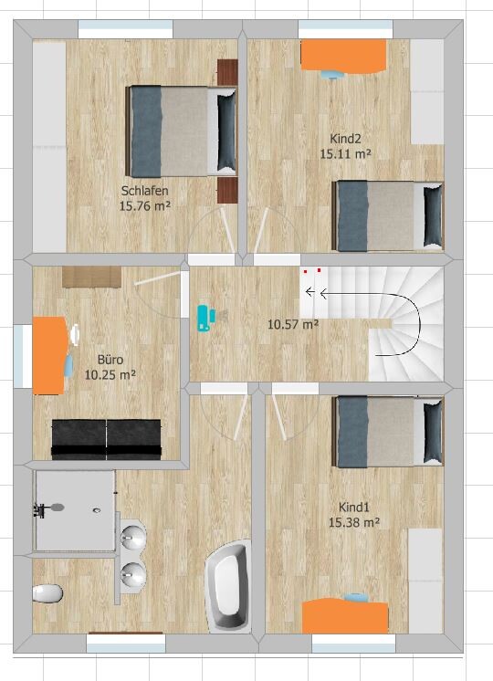 Grundriss eines Hauses von oben: Schlafen, Kind1, Kind2, Büro, Bad, Treppenhaus, Flur.