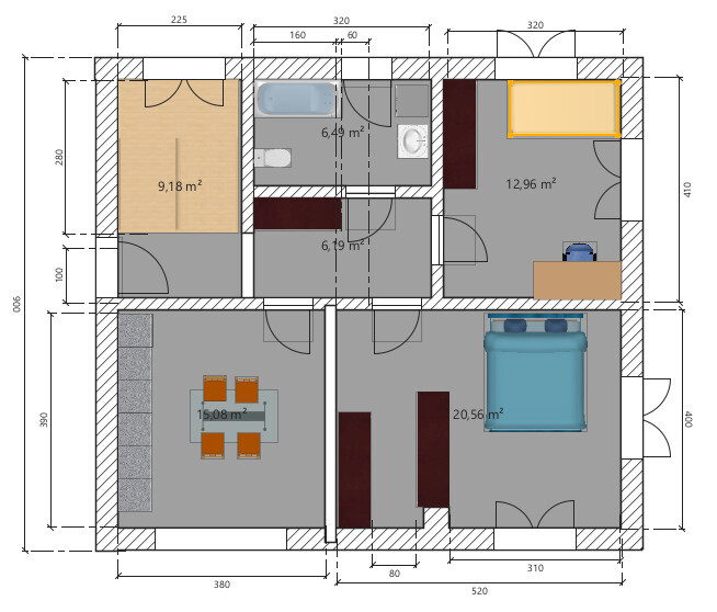 Grundriss eines Hauses mit Wohnzimmer, Essbereich, Bad, Schlafzimmer und Arbeitsbereich.