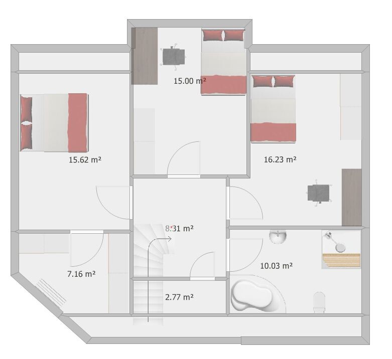 Grundriss eines Wohnhauses: Mehrere Zimmer mit Betten, Schreibtischen, Bad und Treppenhaus.