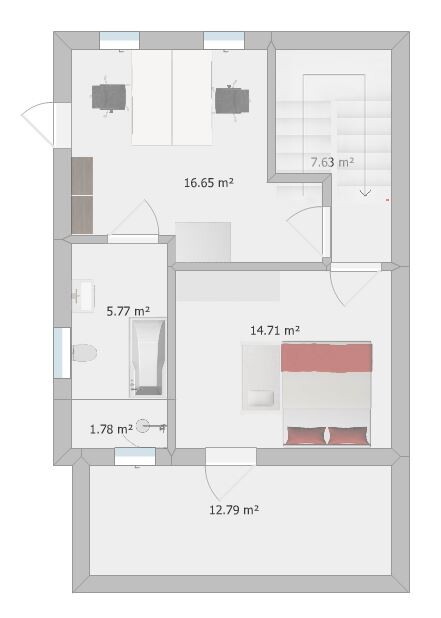 Grundriss einer Wohnung: Wohnzimmer mit Esstisch, Schlafzimmer, Bad und Balkon (Terrasse).