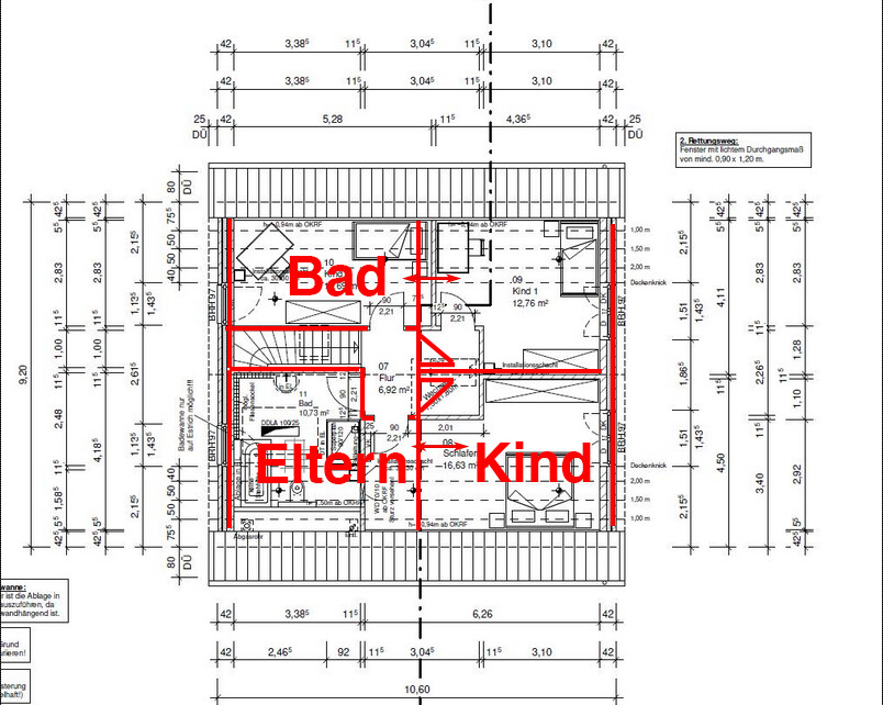 2D Grundriss eines Hauses mit Bad, Eltern- und Kinderzimmern