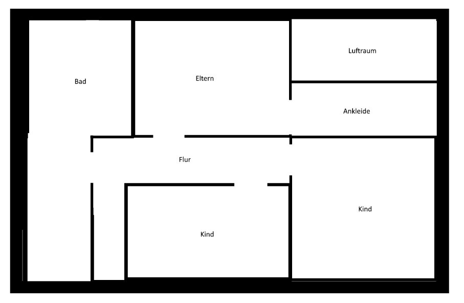 Grundriss: Bad links, Elternzimmer zentral, Ankleide und Luftraum rechts, Flur, zwei Kinderzimmer