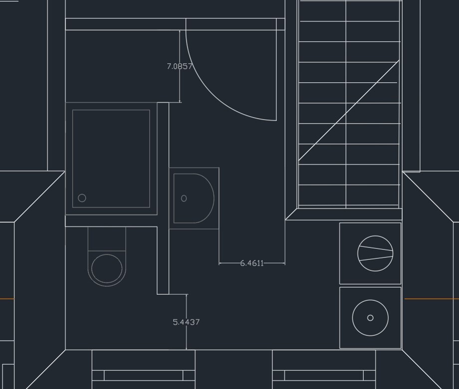 2D-Grundrissplan eines Hauses mit Badezimmer, Toilette und Treppe