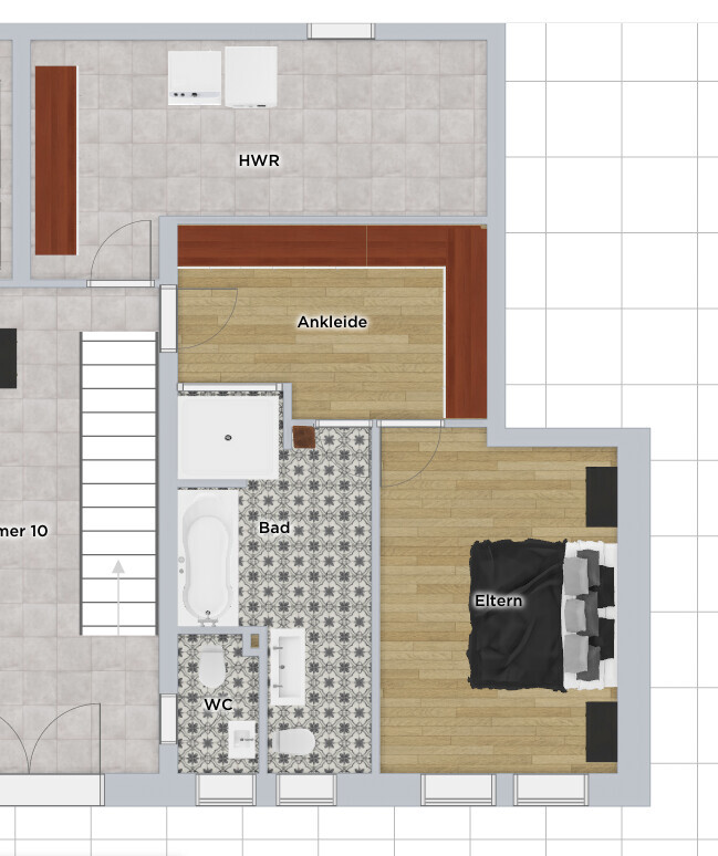 Grundriss eines Stockwerks: Elternschlafzimmer, Ankleide, Bad, WC, HWR und Treppenaufgang.