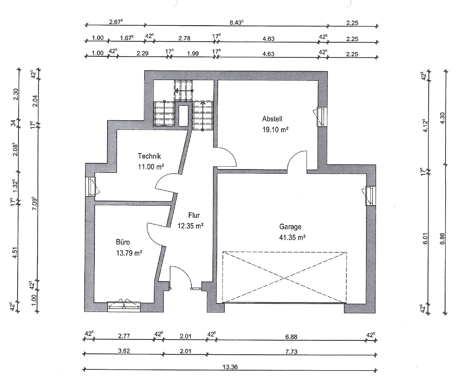 Grundriss: Technik 11 m²; Büro 13,79 m²; Flur 12,35 m²; Abstell 19,10 m²; Garage 41,35 m².