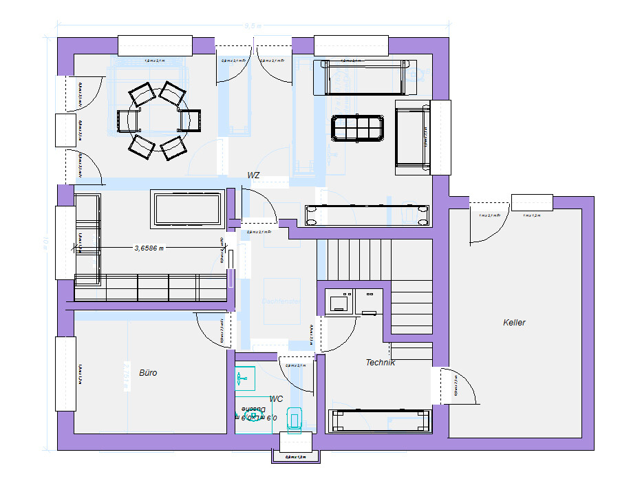 Grundriss eines Hauses: Wohnzimmer mit Esstisch und Sofa, Büro, Technik, Keller, WC, Treppe