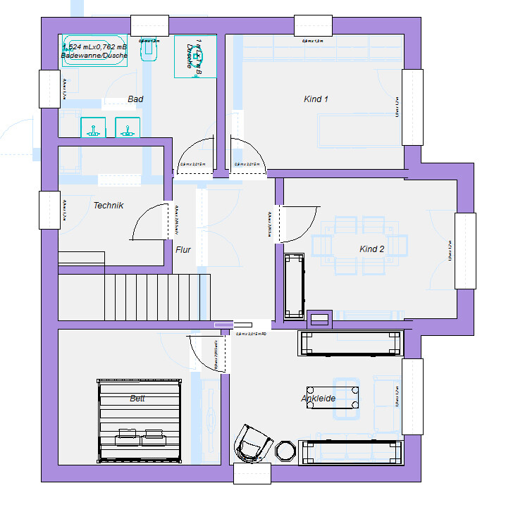 Grundriss eines Hauses mit Bad, Flur, Technik, Ankleide, Bett, Kind 1 und Kind 2.