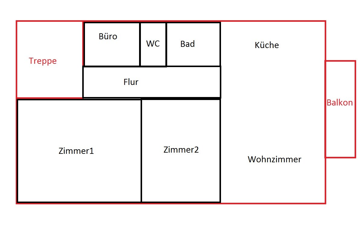 2D-Grundriss eines Hauses mit Büro, WC, Bad, Küche, Flur, Wohnzimmer, Zimmer1, Zimmer2, Treppe und Balkon