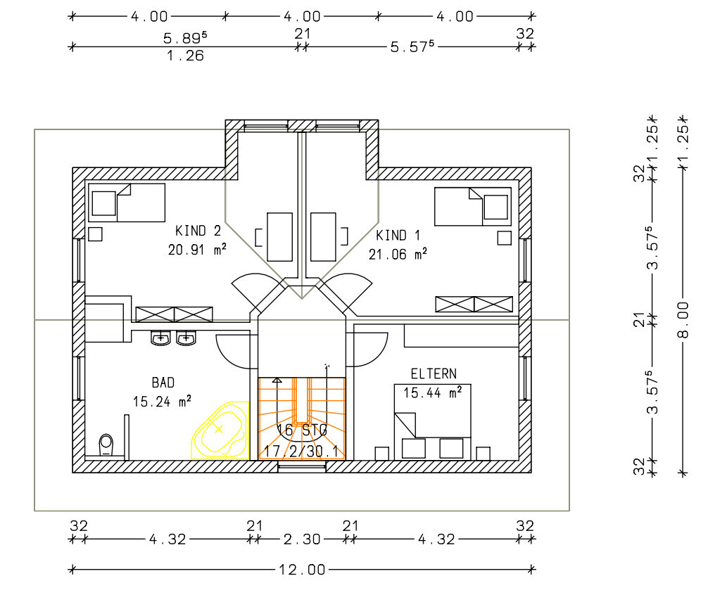 Grundriss eines Hauses mit zwei Kinderzimmern, Elternschlafzimmer, Bad und zentraler Treppenhalle.