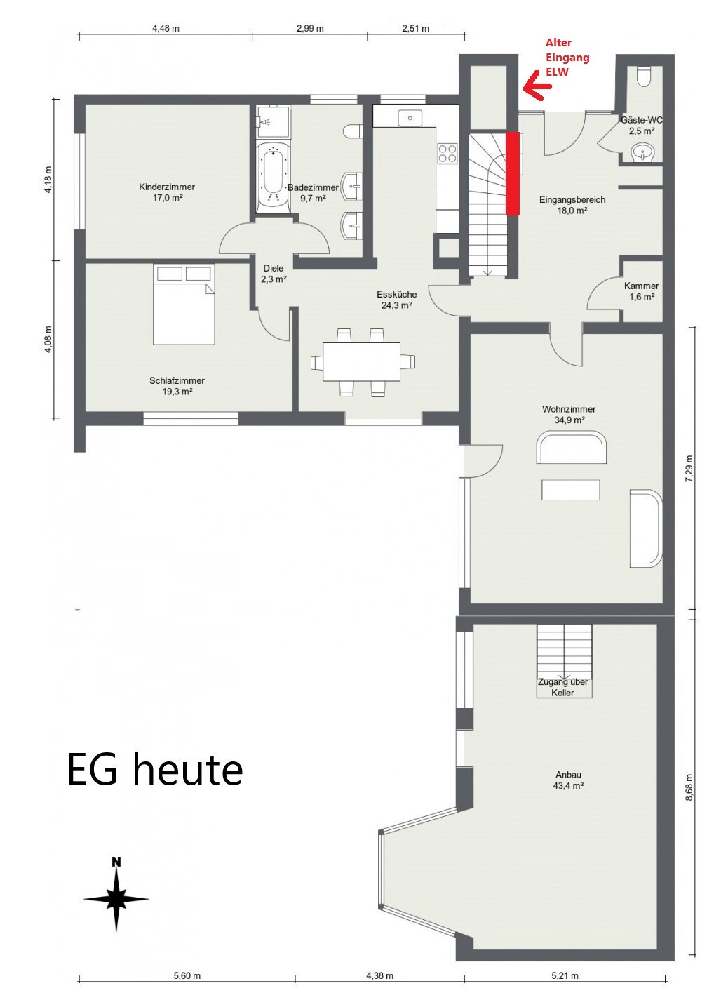 Grundriss EG heute: Schlafzimmer, Kinderzimmer, Bad, Küche/Essbereich, Wohnzimmer, Flur, Gäste-WC