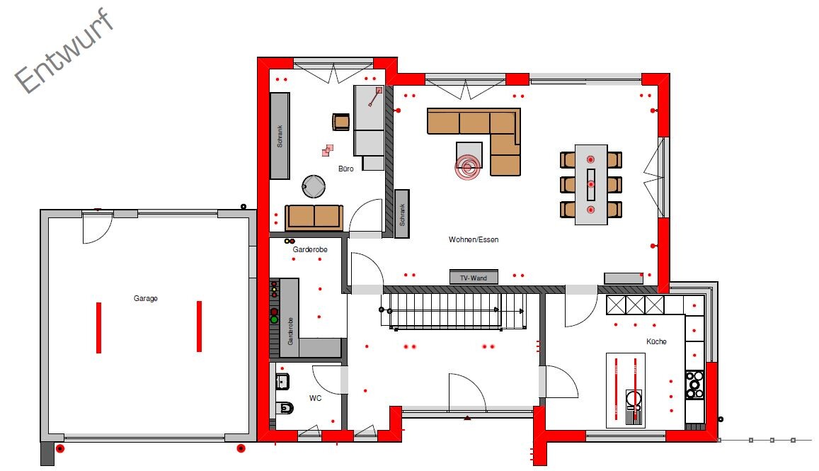 Grundriss eines Hauses mit Wohnzimmer/Essen, Küche, Büro, Garderobe, WC und Garage, rote Hinweise.