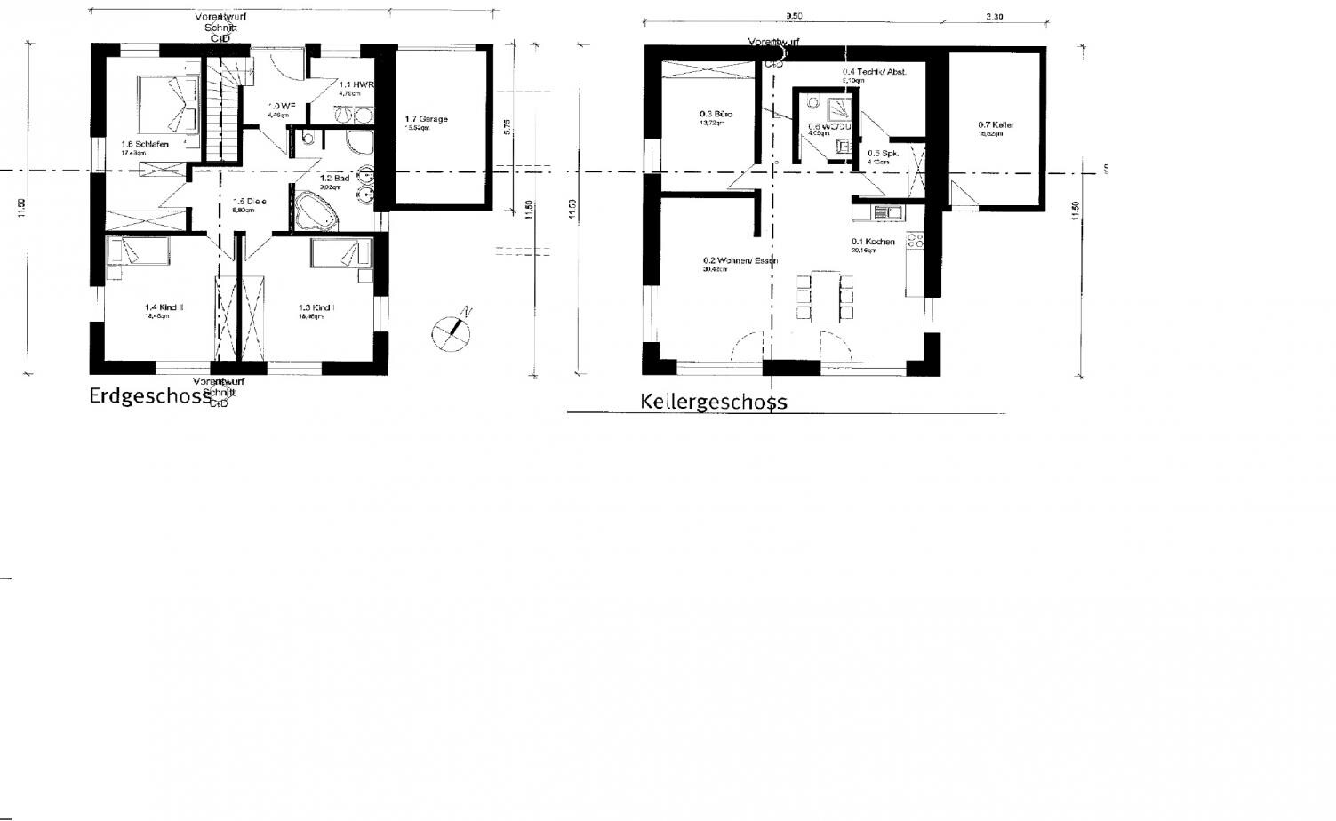 Architektonischer Grundriss eines Hauses mit Erdgeschoss und Kellergeschoss