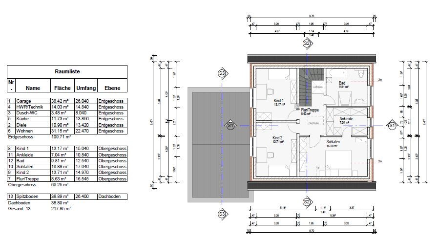2D-Hausgrundriss mit Erdgeschoss- und Obergeschoss-Zimmern, Bad und Treppe