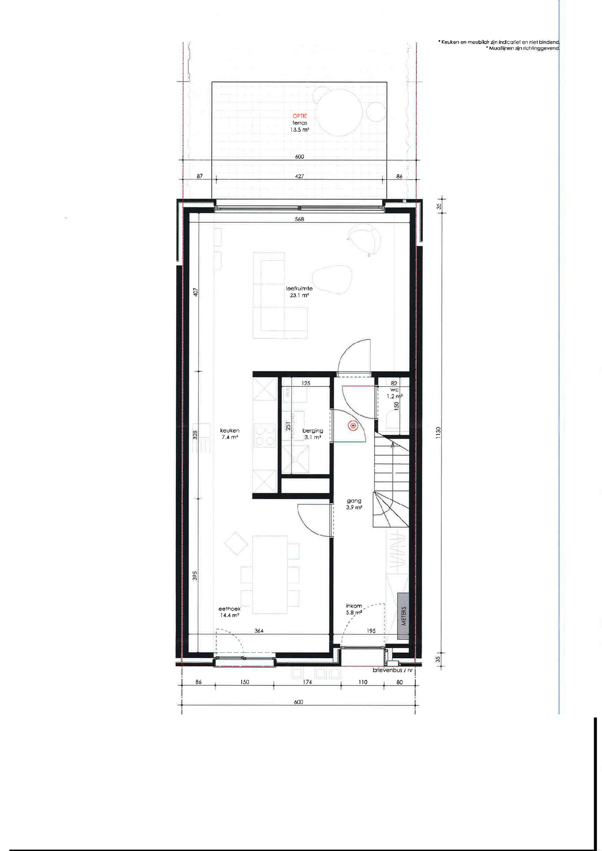 Grundriss eines Hauses mit Küche, Essecke, Wohnzimmer, Flur, Abstellraum, WC und Terrasse.
