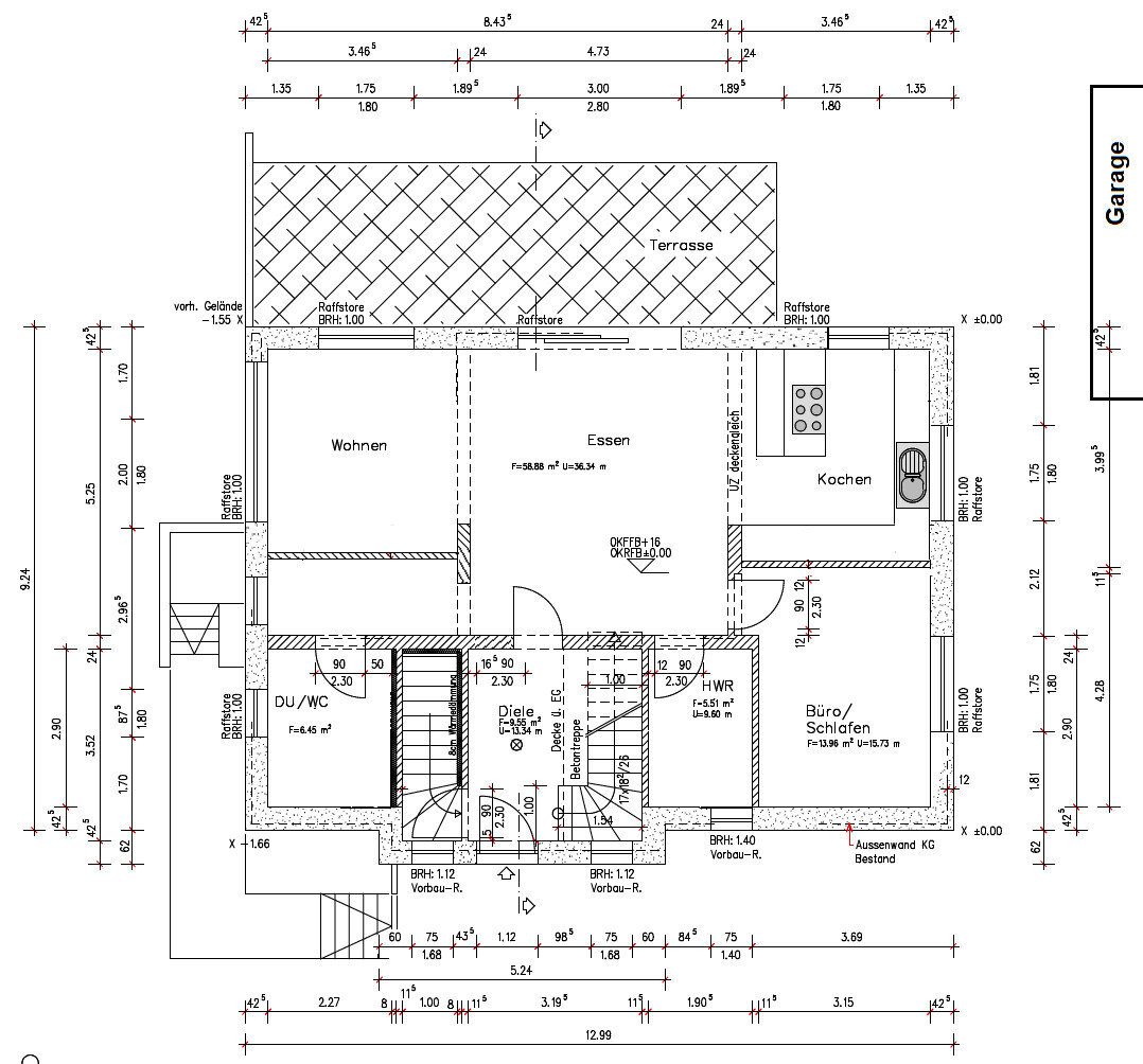 Grundriss: Wohnen, Essen, Kochen, Büro/Schlafen, HWR, Diele, DU/WC, Treppe, Terrasse, Garage.