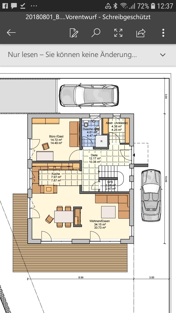 Grundriss Erdgeschoss: Wohnzimmer/Essen, Küche, Büro/Gast, Diele, Dusche, Ankleide, Terrasse, Carport