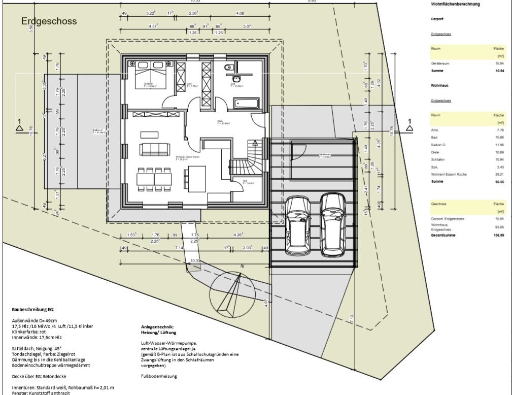 Grundriss Erdgeschoss: Haus mit Wohn-/Essbereich, Küche, Bad, Schlafzimmer, Treppe und Doppelgarage.