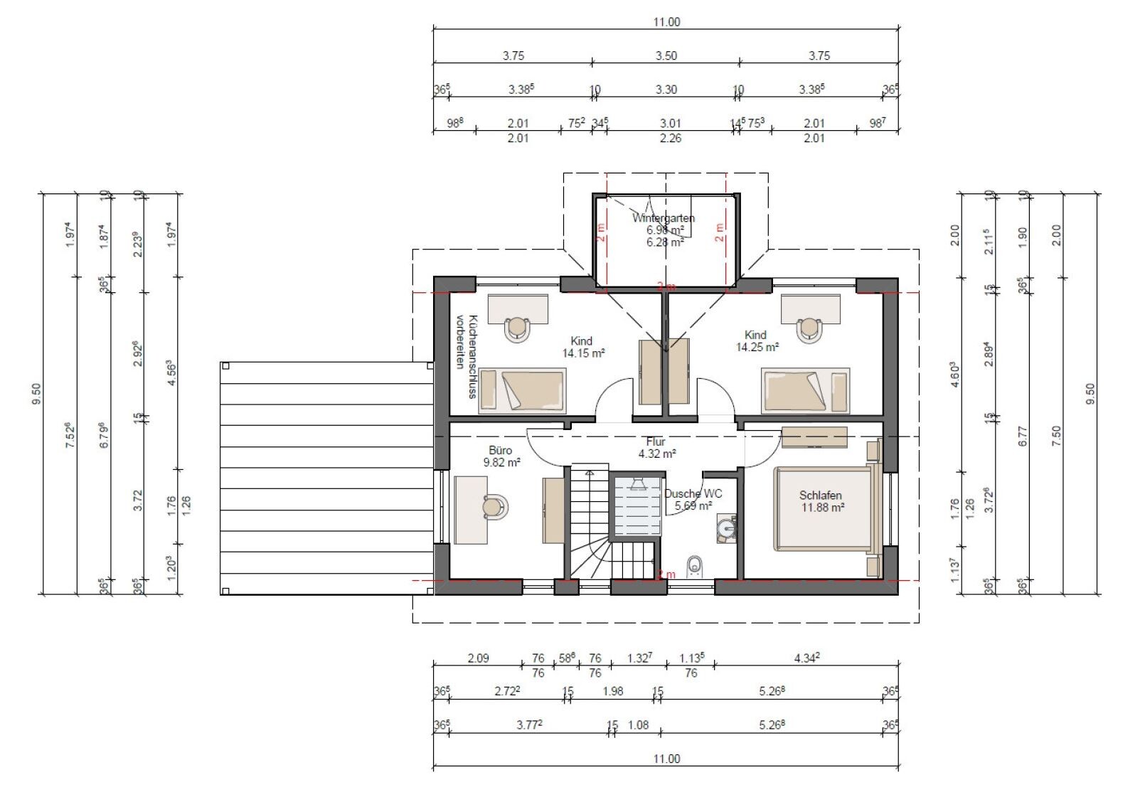 Grundriss eines Hauses: zwei Kinderzimmer, Schlafen, Büro, Flur, Dusche/WC, Wintergarten.