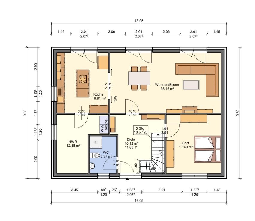 Grundriss eines Hauses: Küche, Wohnen/Essen, Gast, HWR, WC und Diele.