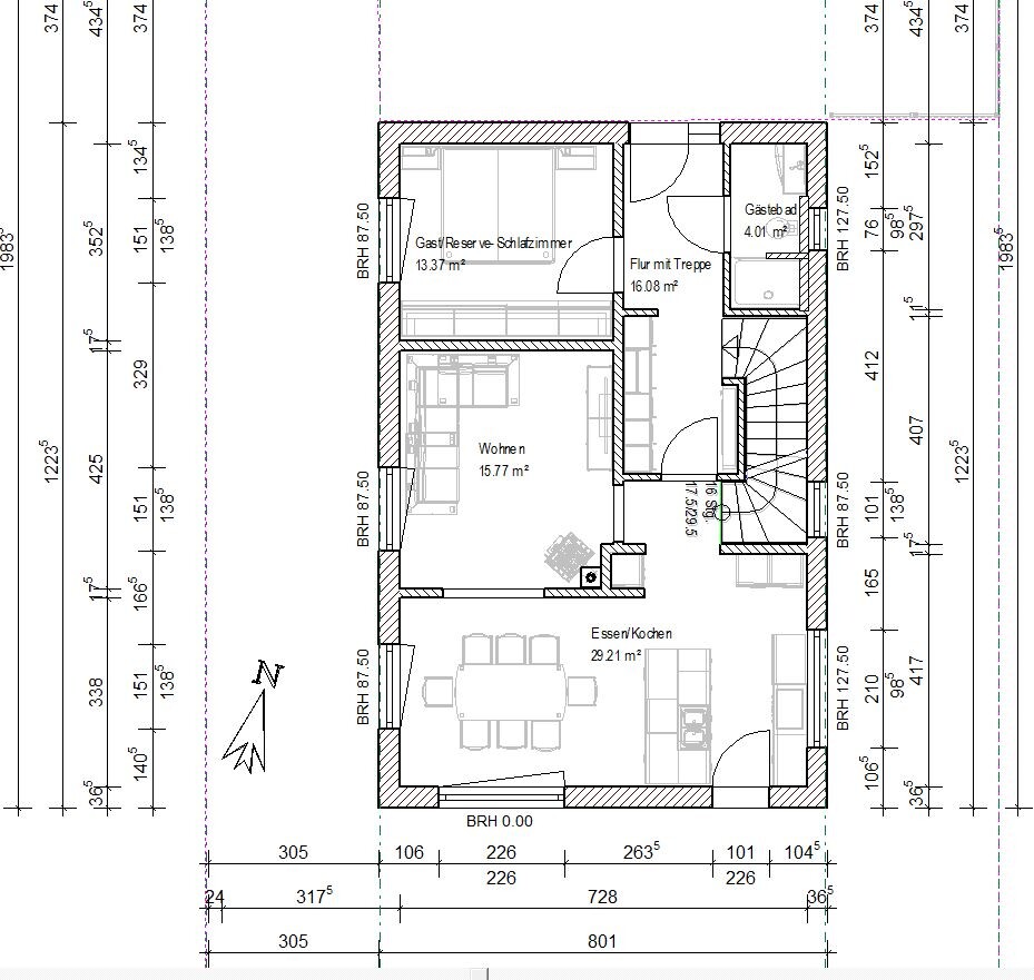 Grundriss eines Hauses: Wohnen, Essen/Kochen, Schlafzimmer, Gästezimmer, Flur mit Treppe, Gäste-Bad