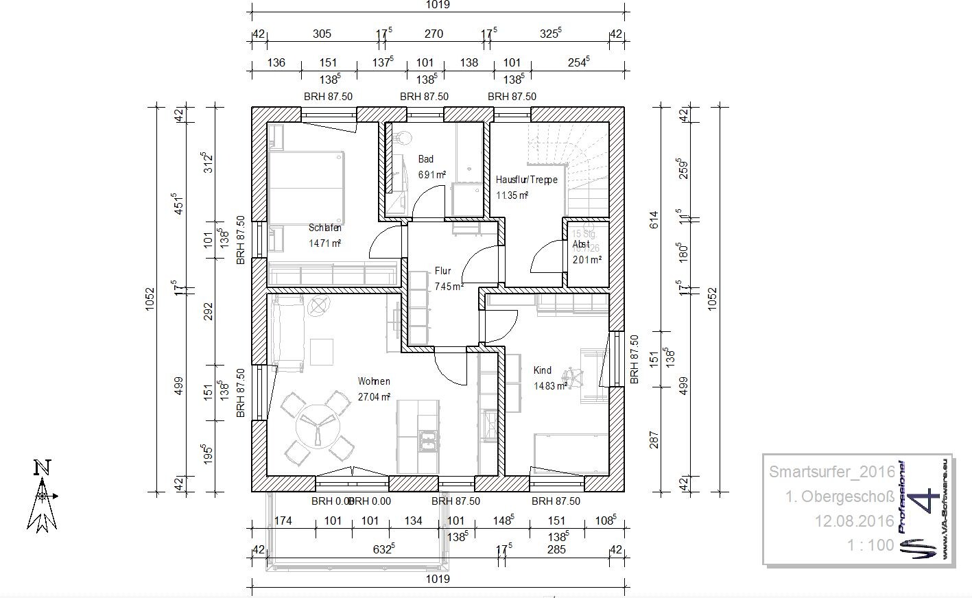 Detaillierter Haus-Grundriss mit Wohn- und Schlafräumen, Bad, Flur und Treppe