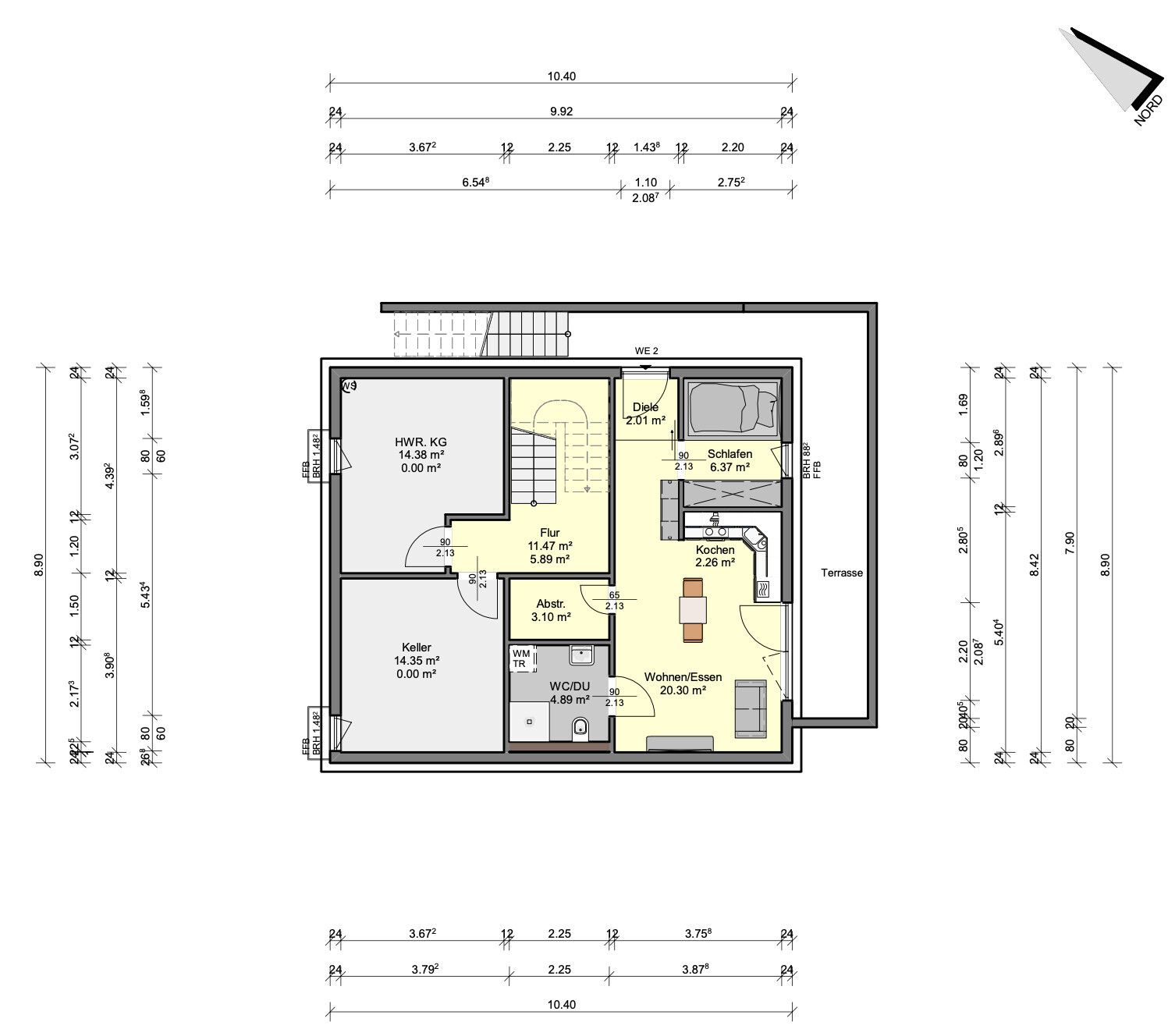 Grundriss eines Hauses mit Keller, separatem Wohnbereich, Küche, Schlafzimmer, Bad und Terrasse.
