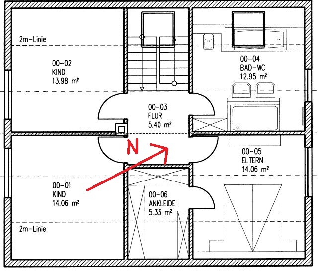 Grundriss eines Hauses: zwei Kinderzimmer, Elternzimmer, Flur, Ankleide, Bad-WC, Norden.