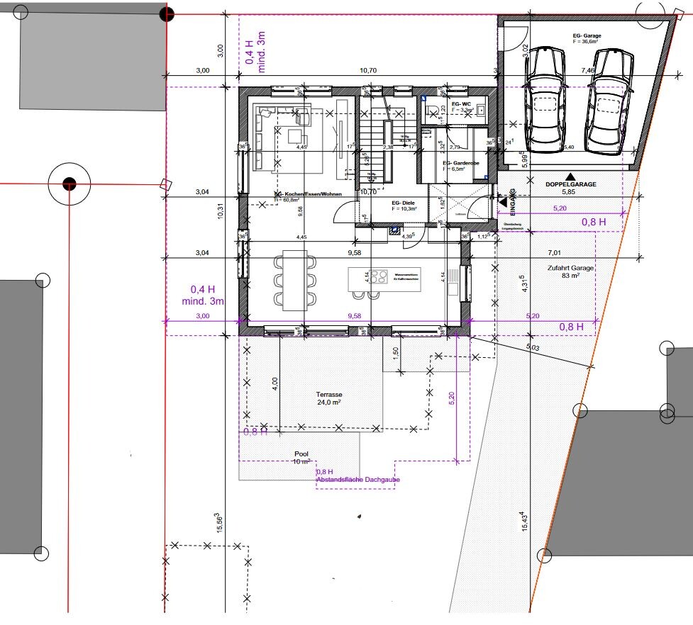 Grundrissplan eines Hauses mit Garage, Terrasse und Garten.