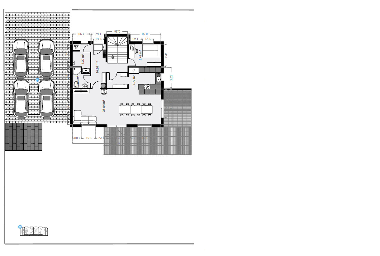 Grundriss eines Hauses mit Garage und vier Autos, Küche, Esszimmer und Wohnbereich.