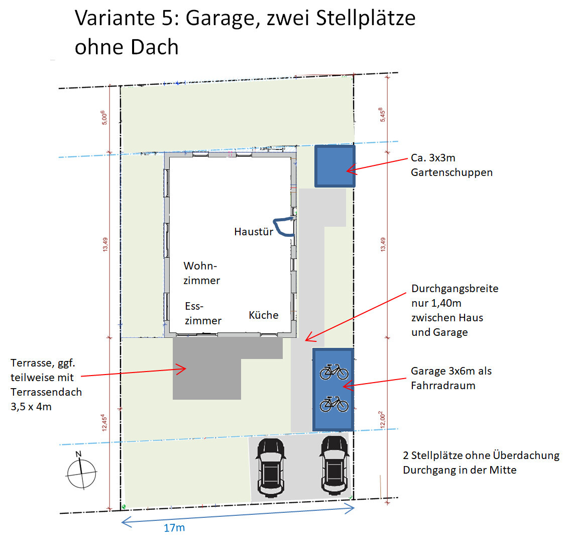 Grundriss: Haus mit Terrasse, Garage (3x6m) als Fahrradraum, zwei Pkw-Stellplätze davor.