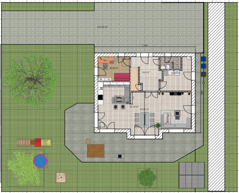 Grundriss eines Hauses mit Gartenanlage, Terrasse und Außenbereich