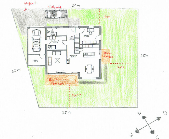 Grundriss eines Hauses mit Carport, Stellplatz, Garten und Terrassen, Ansicht von oben