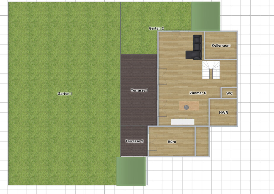 Grundriss: Garten 1 links, Terrasse 1, Terrasse 2, Garten 2, Büro, Zimmer 6, Kellerraum, WC, HWR
