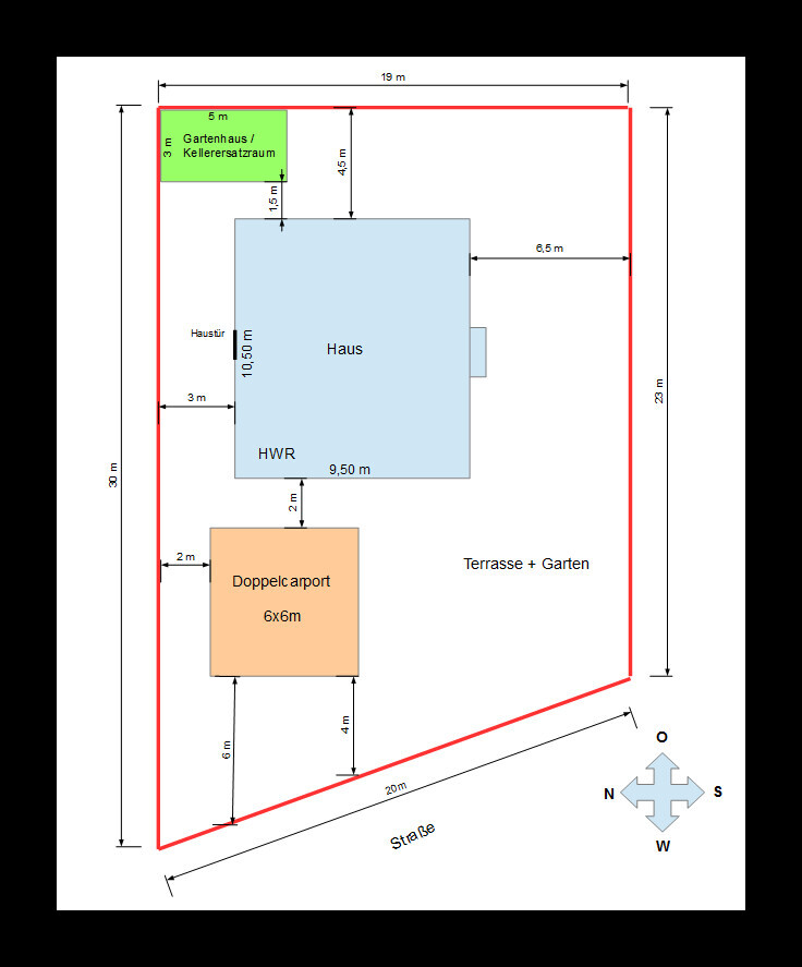 Grundrissplan: Haus mit Garten, Terrasse, Doppelcarport; Außenmaße und Zuweg.