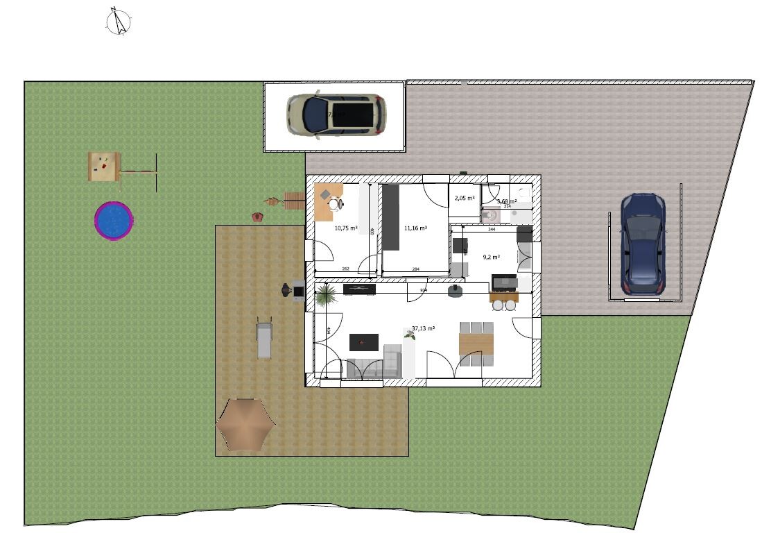 Top-Ansicht eines Einfamilienhaus-Grundrisses mit Garten, Terrasse, Pool und zwei Parkplätzen.