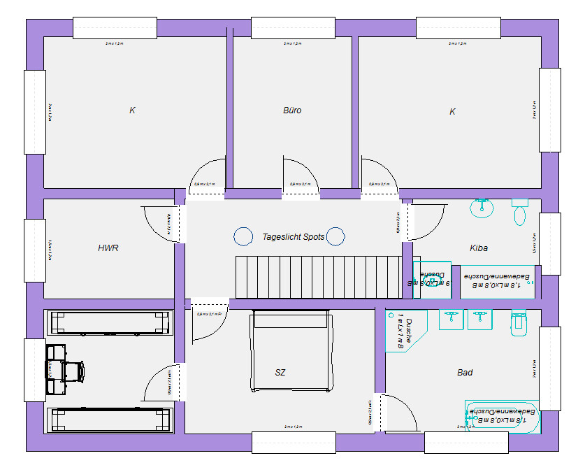 Grundriss eines Hausgeschosses mit Büro, Schlafzimmer, Bad, HWR und Flur