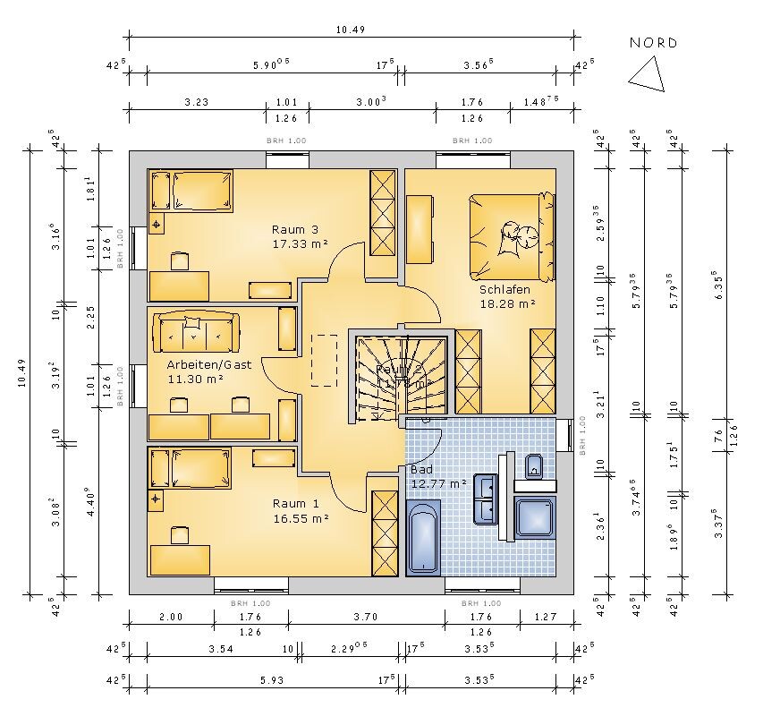 Grundriss eines Wohnhauses: Räume Raum 1, Raum 3, Schlafen, Bad, Arbeiten/Gast, Treppe, Maßangaben.