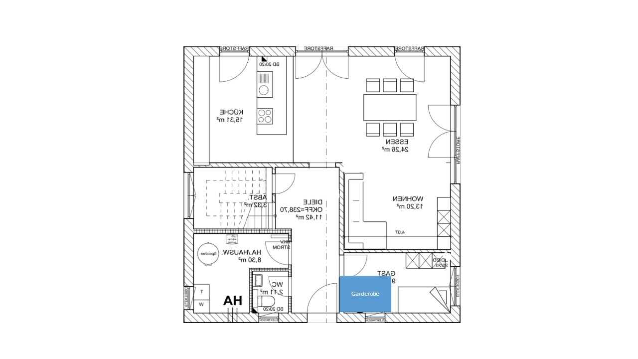Grundriss eines Hauses mit Küche, Essen, Wohnen; blaue Garderobe markiert.