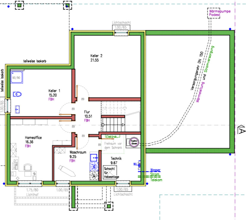 Grundriss Kellergeschoss: Keller 1, Keller 2, Flur, Homeoffice, Waschküche, Technik.